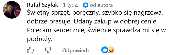 Komentarz z Facebooka: Świetny sprzęt, poręczny, szybko się nagrzewa, dobrze prasuje